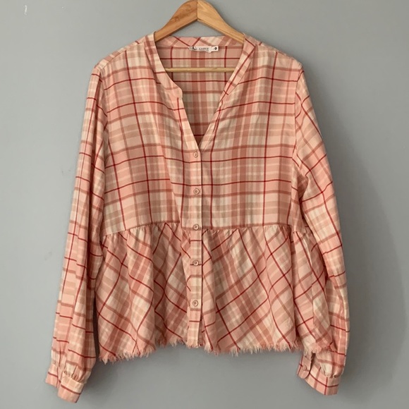 Carve Designs • Pink Red White Plaid Peplum Button Down Raw Edge Top Size XL - Picture 11 of 11